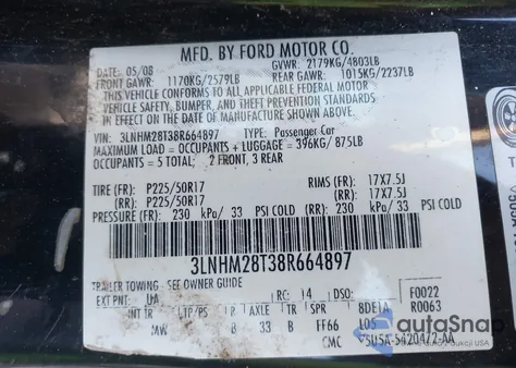 2008 Lincoln Mkz из США, поврежденный, VIN 3LNHM28T38R664897